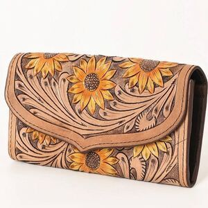 Western Sunflower Hand Tooled Genuine Leather Wallet New
